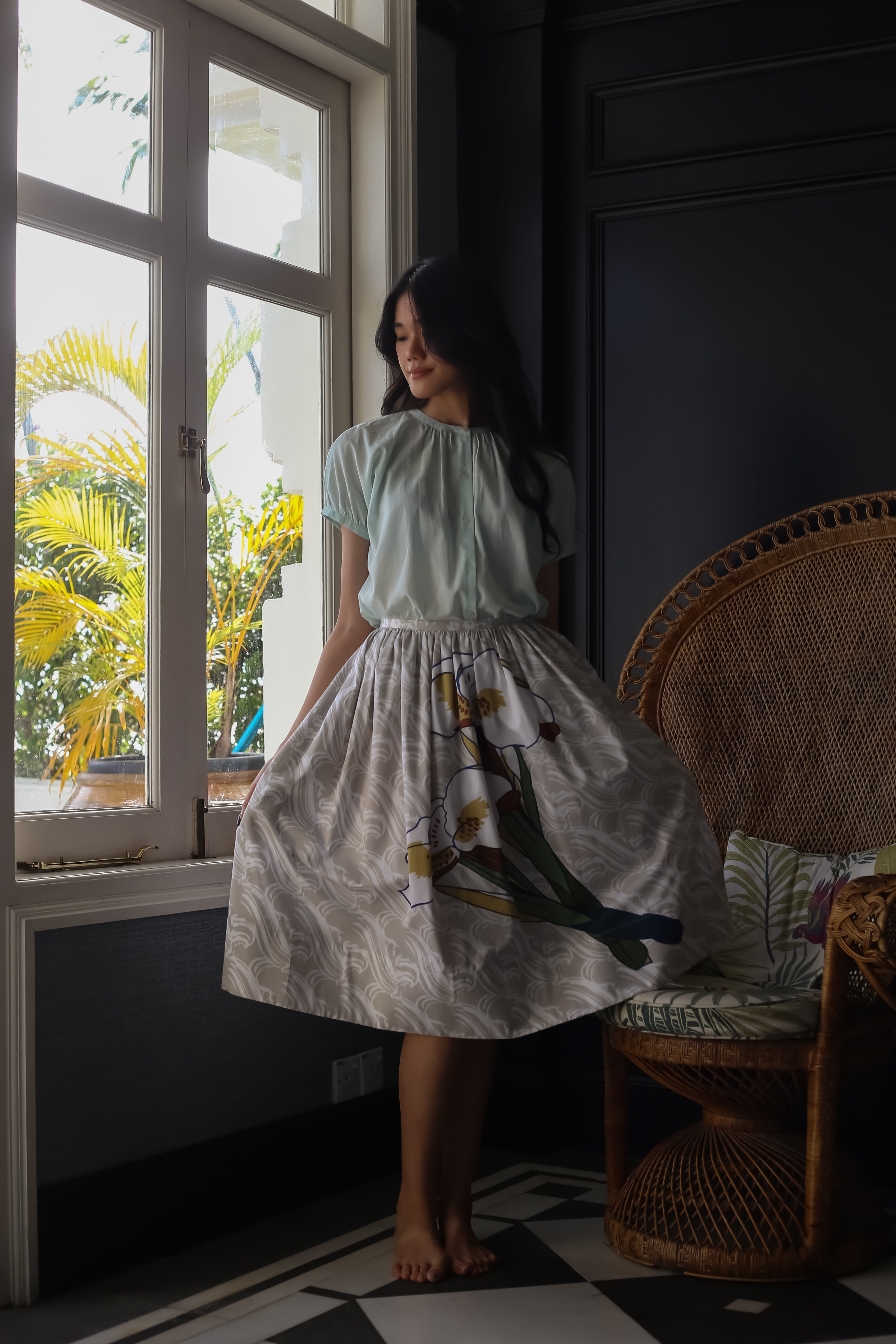 Pleated Knee Length Skirt - Bamboo Sticks