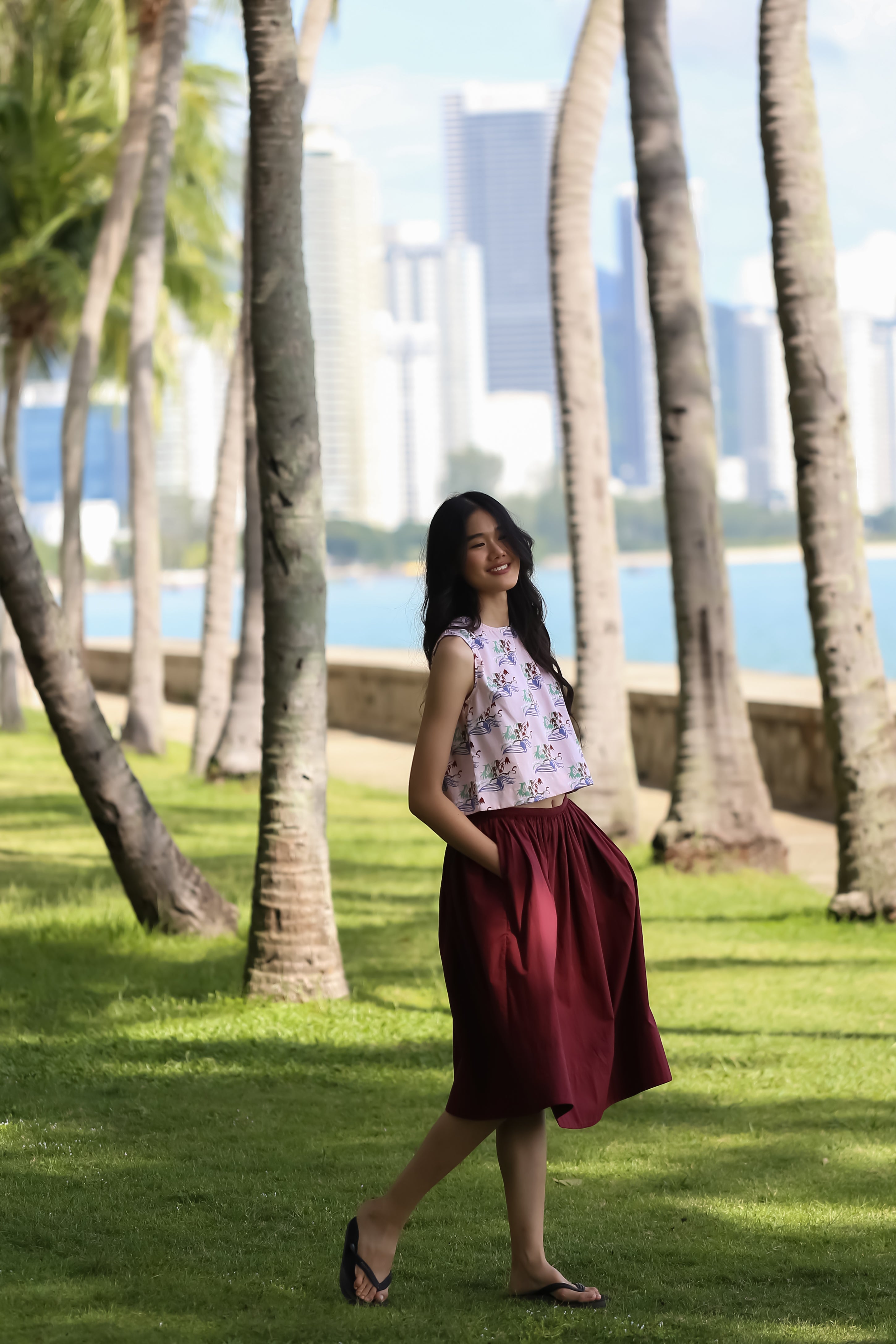 Pleated Knee Length Skirt - Burgundy