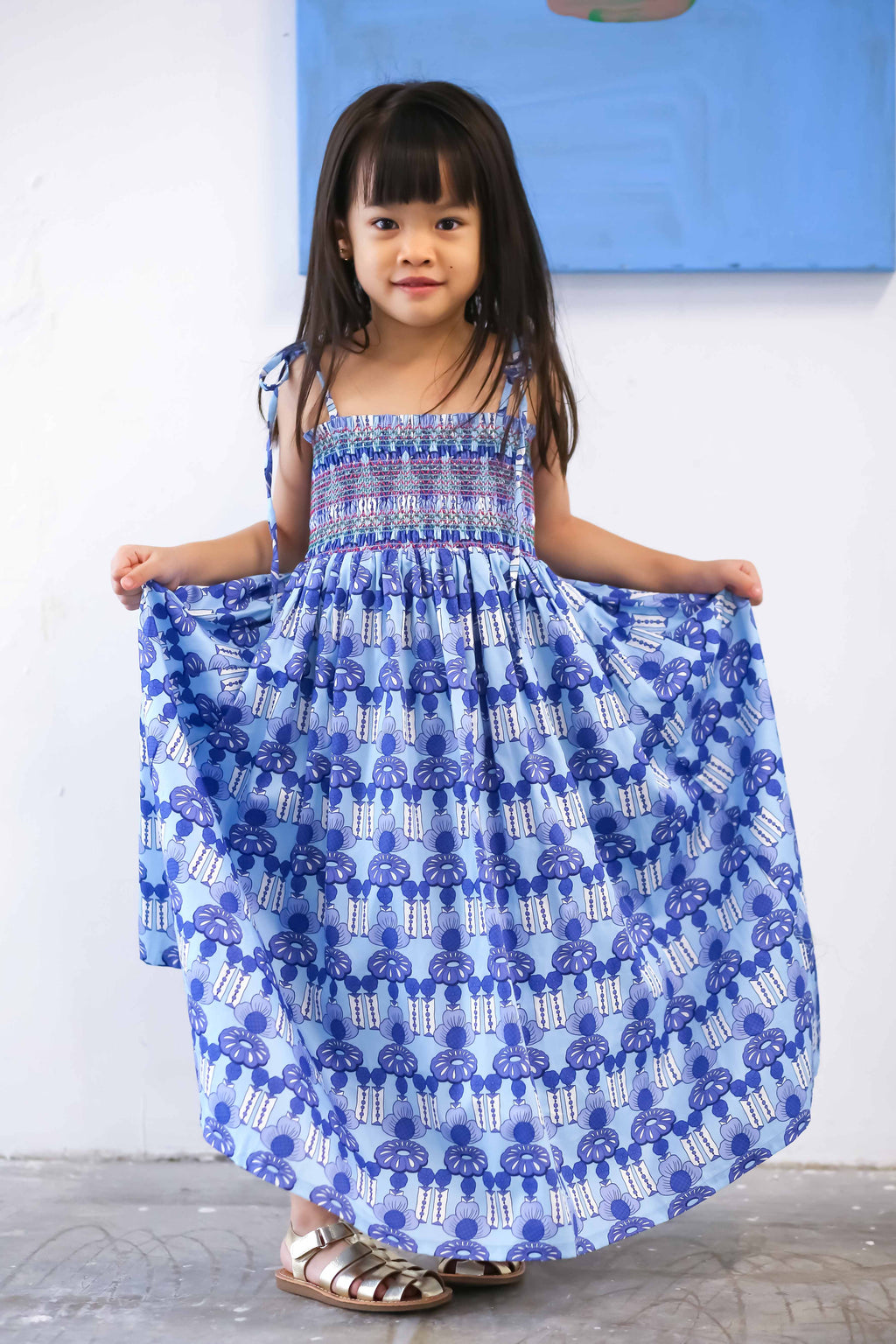 Girls Singapore Smock Dress - Crystal Blossom Blue